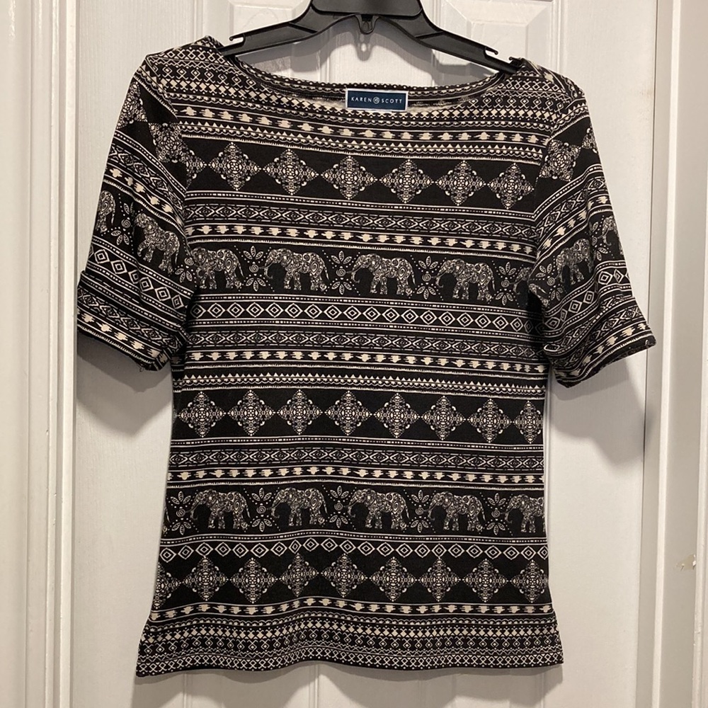 NWOT - Karen Scott Boho Boat Neck Smokey Black Elephant Elbow Sleeve Top…